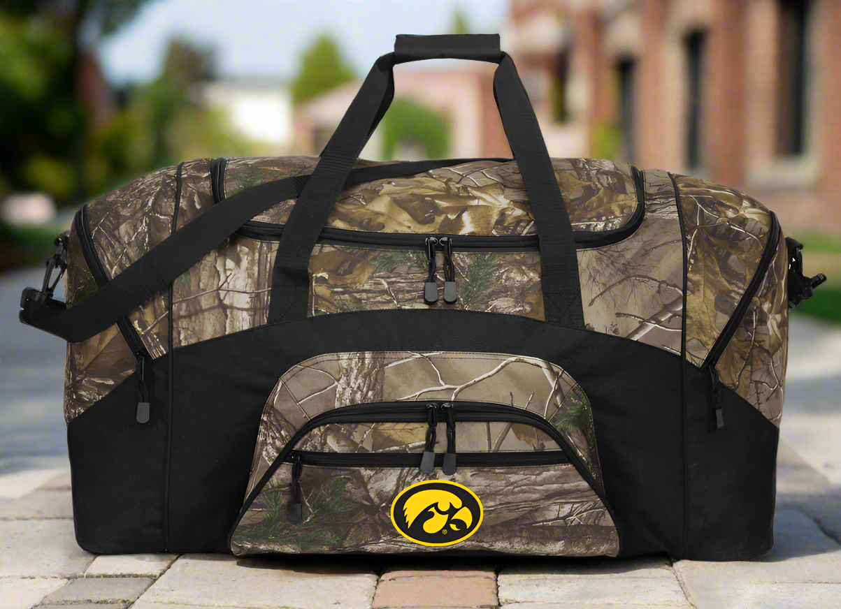 University of Iowa Camo Large Duffel Bag Iowa Hawkeyes Suitcase Travel Bag or Sports Gear Bag