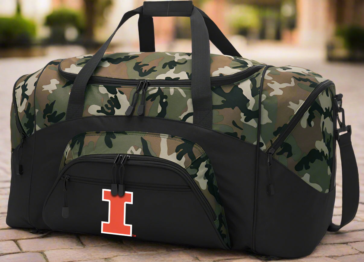 University of Illinois Large Camo Duffel Bag Illini Suitcase or Sports Gear Bag