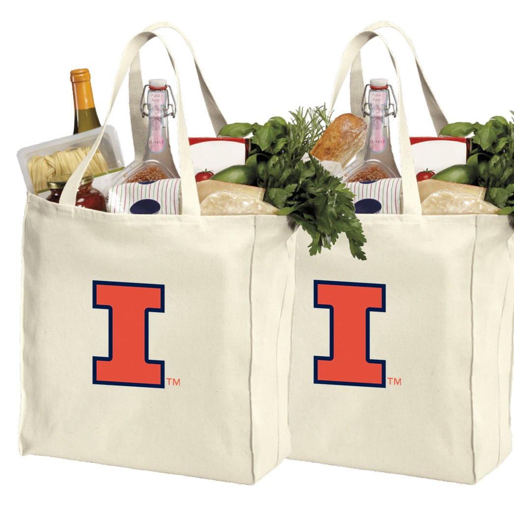 University of Illinois Grocery Shopping Bags 2 PC SET Illini Reusable Cotton Bags