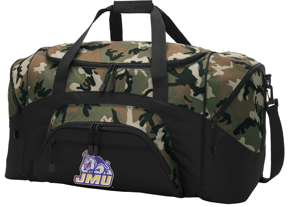 JMU Large Camo Duffel Bag James Madison University Suitcase or Sports Gear Bag