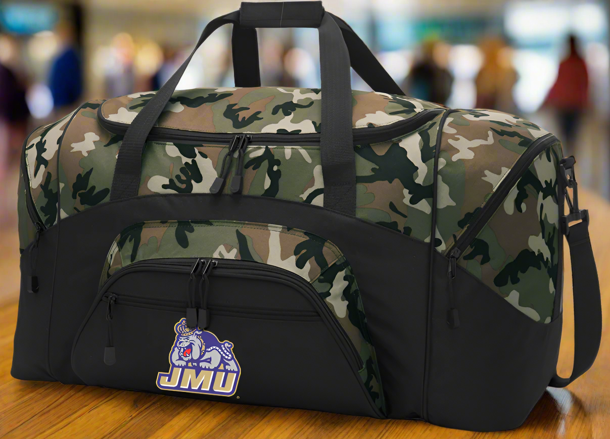 JMU Large Camo Duffel Bag James Madison University Suitcase or Sports Gear Bag