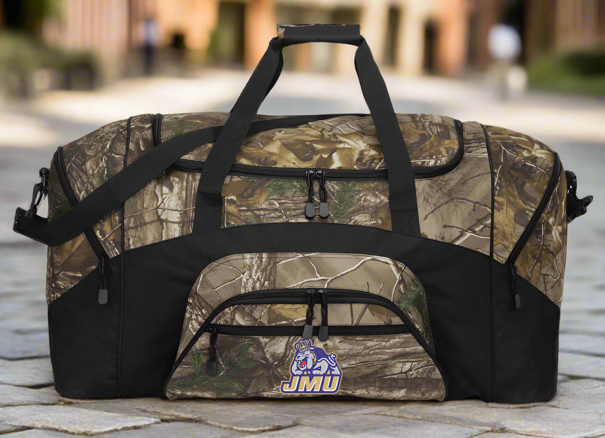 JMU Camo Large Duffel Bag James Madison University Suitcase Travel Bag or Sports Gear Bag