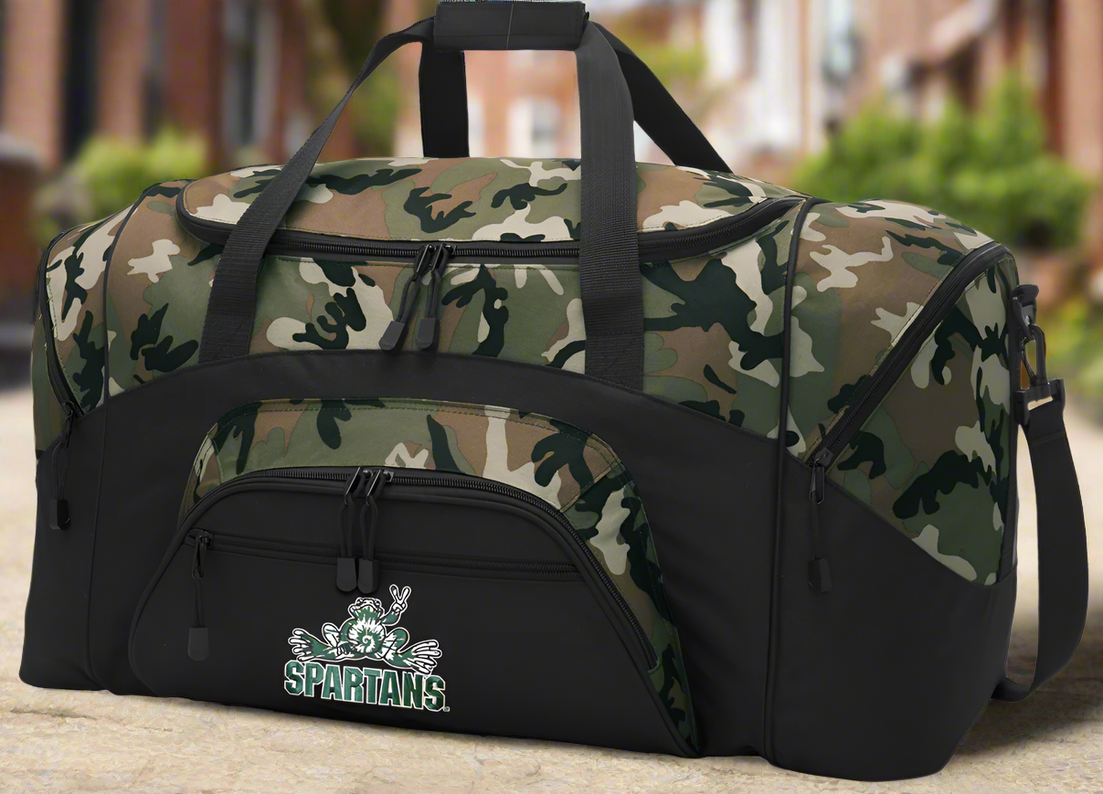 Michigan State Large Camo Duffel Bag MSU Peace Frog Suitcase or Sports Gear Bag