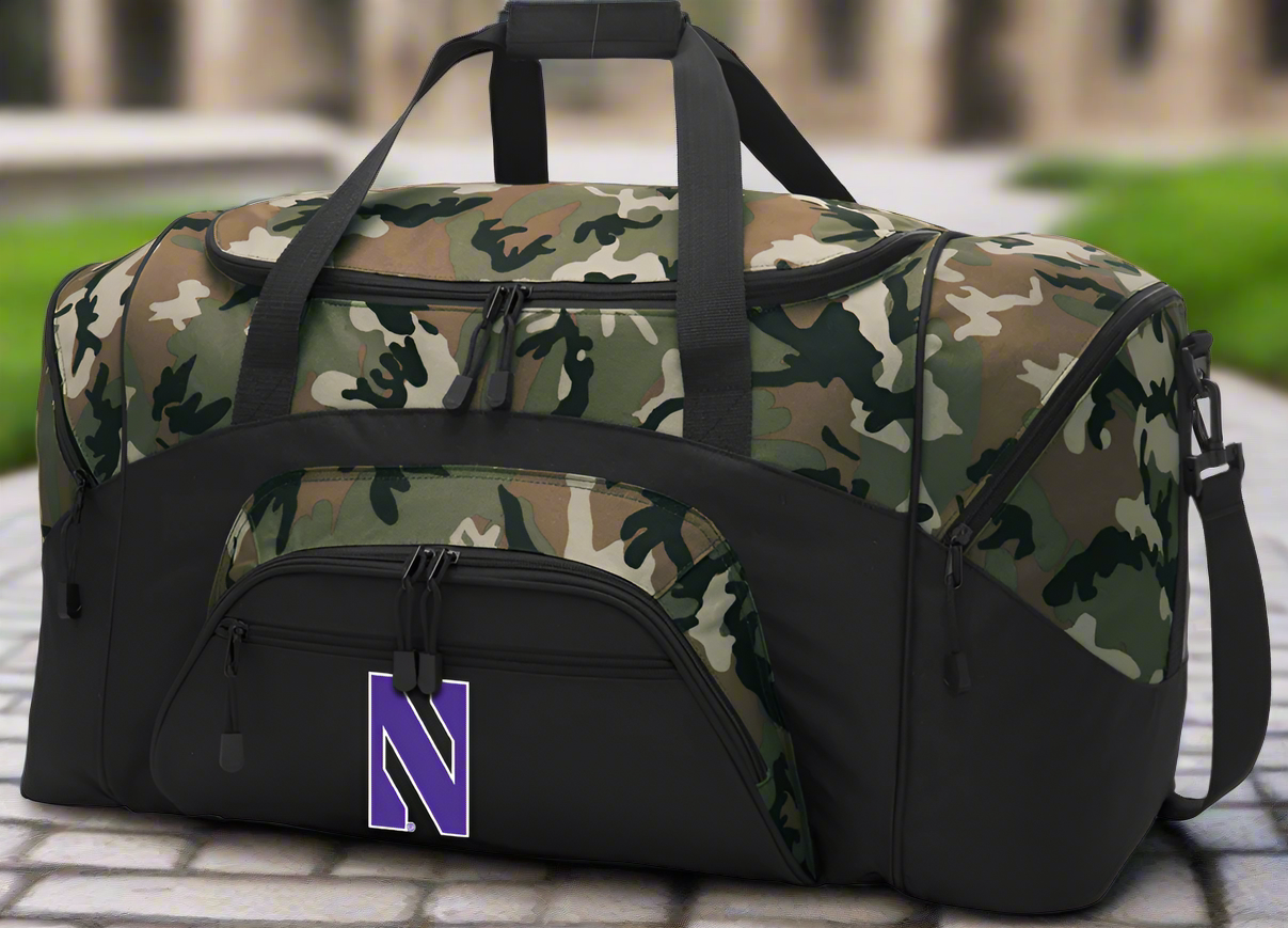 Northwestern University Camo Duffel Bag Large NU Suitcase or Sports Gear Bag