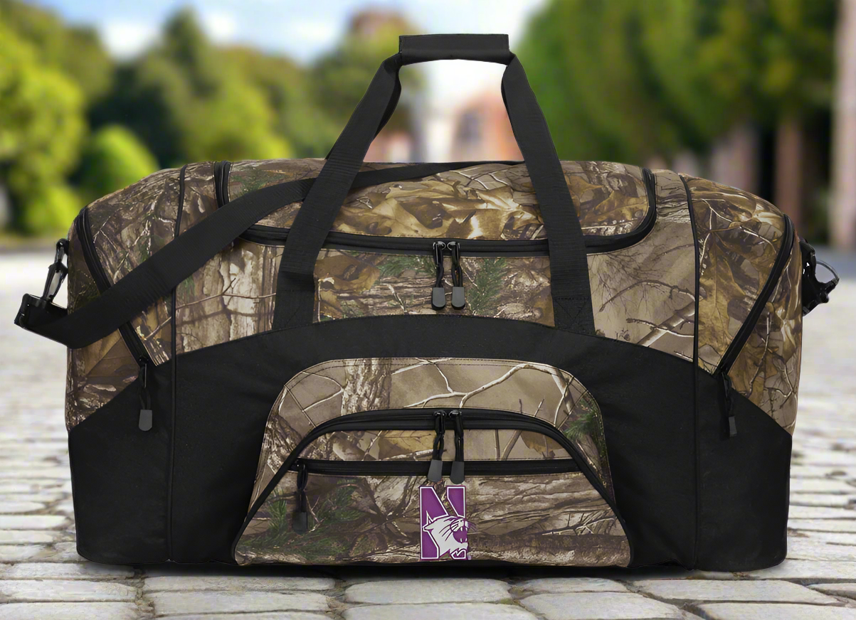 Northwestern University Camo Duffel Bag NU Wildcats Suitcase Travel Bag or Sports Gear Bag