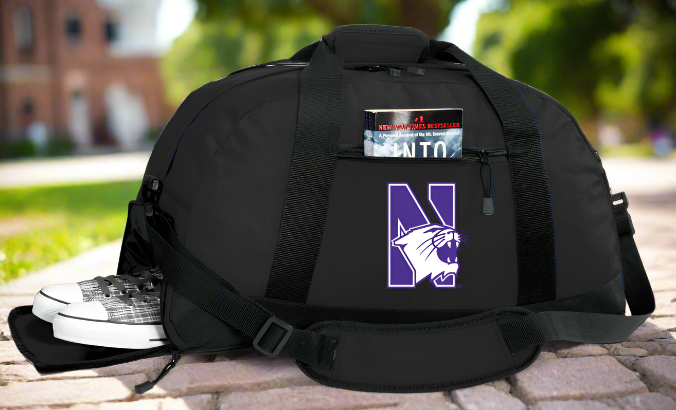 Northwestern University Duffel Bag NU Wildcats Gym or Sports Bag with Shoe Pocket