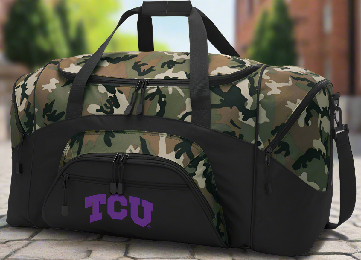 TCU Large Camo Duffel Bag Texas Christian Suitcase or Sports Gear Bag