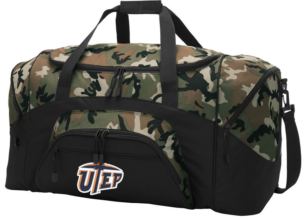 UTEP Large Camo Duffel Bag University of Texas El Paso Suitcase or Sports Gear Bag