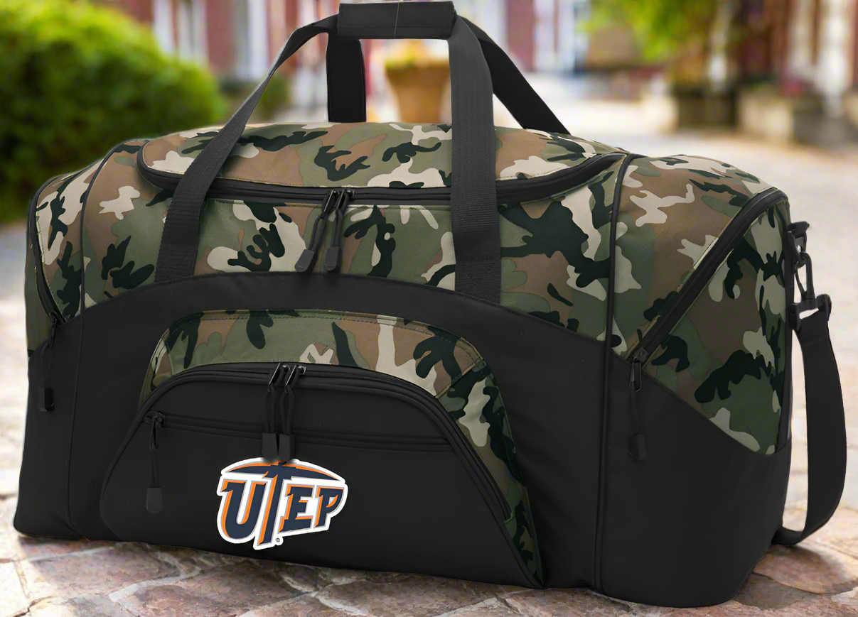 UTEP Large Camo Duffel Bag University of Texas El Paso Suitcase or Sports Gear Bag