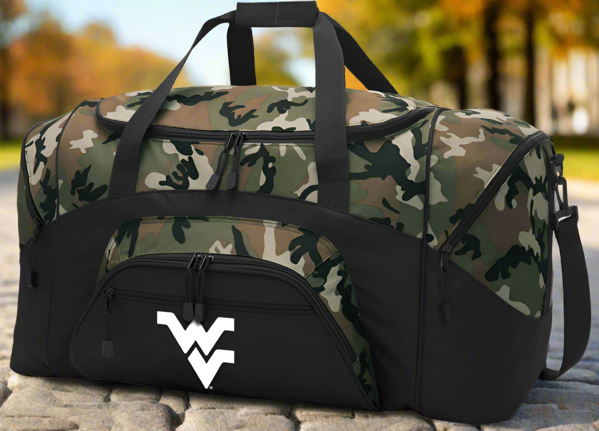 West Virginia University Large Camo Duffel Bag WVU Suitcase or Sports Gear Bag